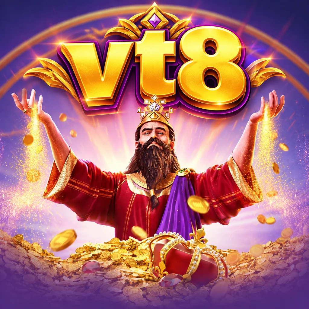 โลโก้ vt8 พร้อมภาพกษัตริย์ไมดาสและเหรียญทองจากเกม Midas Fortune