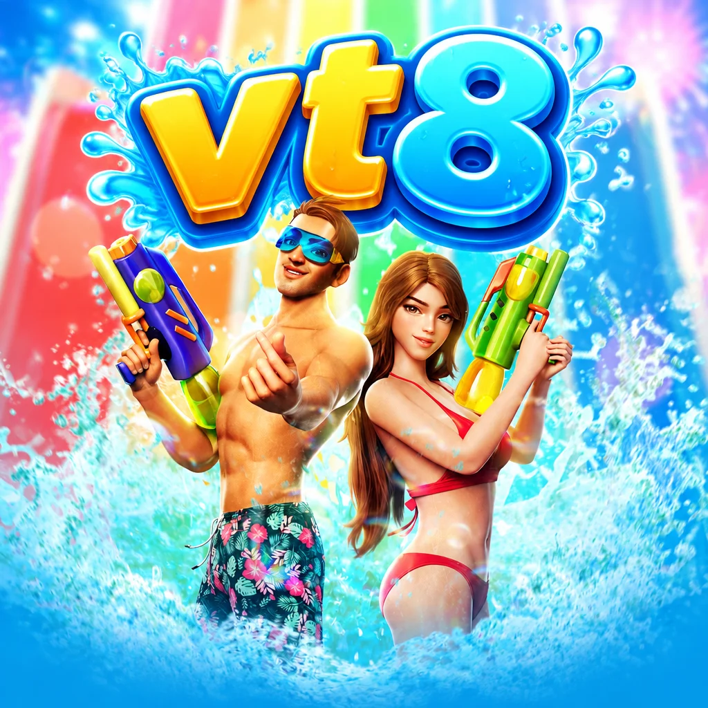 โลโก้ vt8 บนภาพบรรยากาศเทศกาลสงกรานต์พร้อมปืนฉีดน้ำจากเกม Songkran Spl